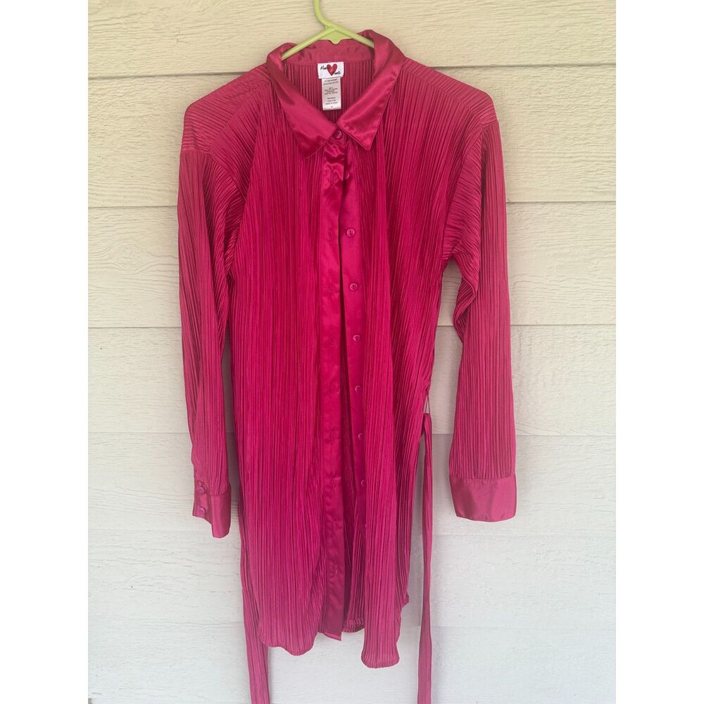 Heart & Heels Plissé Pleated Mini Shirt Dress – Magenta Pink Satin Trim XL